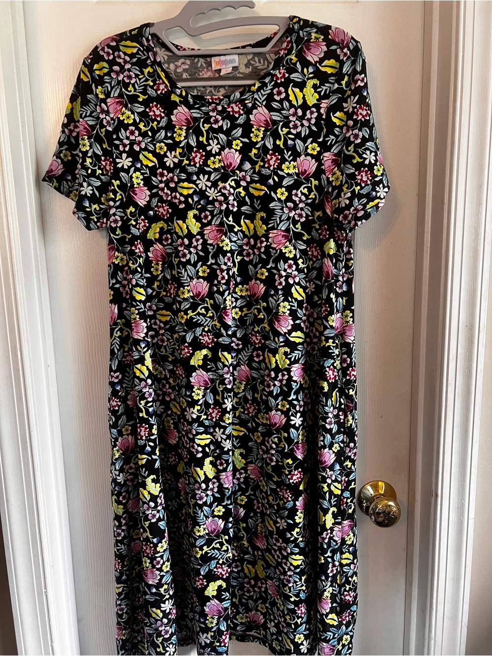 LuLaRoe Black Floral Midi Jessie Dress with Pink, Yellow & Blue Accents